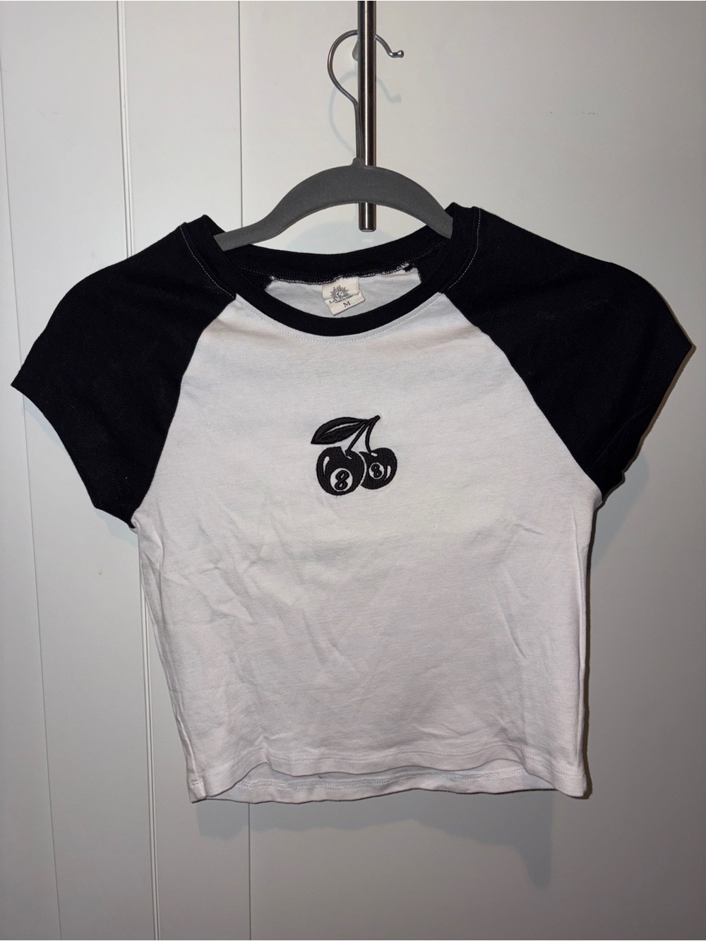 Black & White Raglan Tee with Cherry Graphic